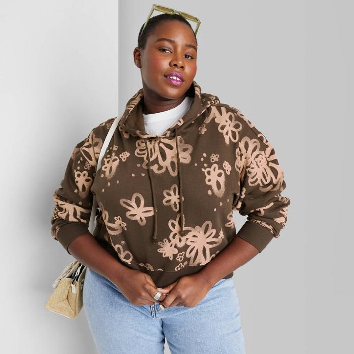 Women's Cropped Hooded Sweatshirt - Wild Fable Dark Brown Floral