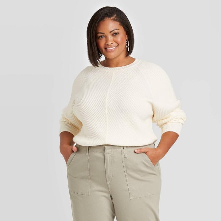 Women's Plus Size 3/4 Sleeve Crewneck Ribbed Pullover Sweater - Ava & Viv Cream X, Ivory