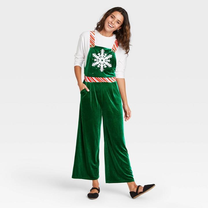 Born Famous Women's Ugly Holiday Snowflake Velour Sleeveless Graphic Jumpsuit - Green