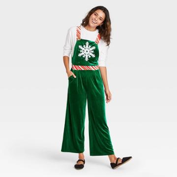 Born Famous Women's Ugly Holiday Snowflake Velour Sleeveless Graphic Jumpsuit - Green
