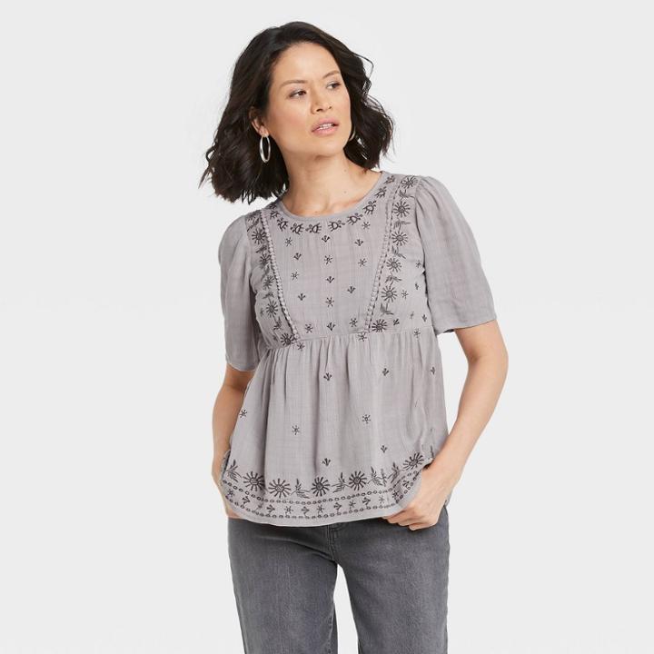 Women's Short Sleeve Round Neck Babydoll Blouse - Knox Rose Gray