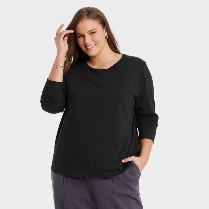 Women's Plus Size Long Sleeve Supima T-shirt - A New Day Black