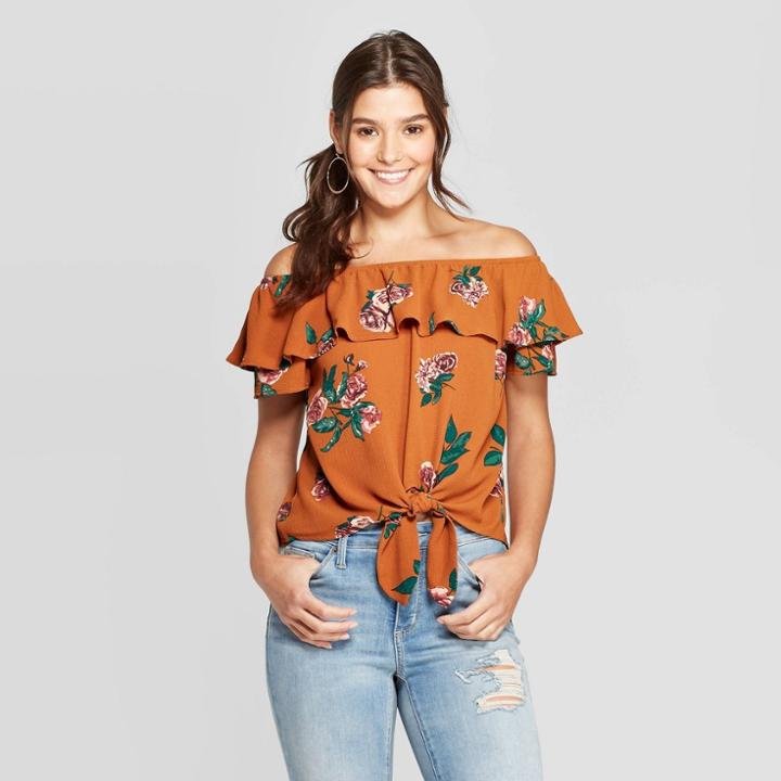 Petitewomen's Floral Print Short Sleeve Off The Shoulder Tie Front Top - Xhilaration Mustard Xs, Women's, Gold