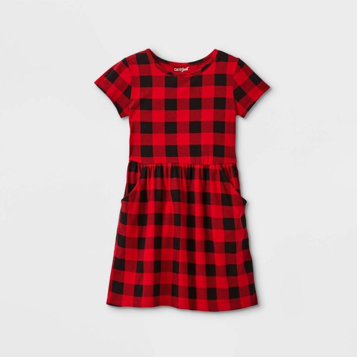 Girls' Short Sleeve Printed Knit Dress - Cat & Jack Buffalo Red