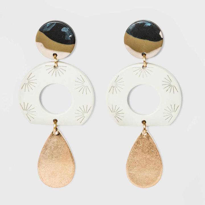 Patterned Circle With Engraved Sunburst And Teardrop Earrings - Universal Thread White