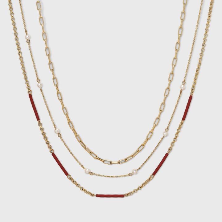 Beaded Chain Necklace 3pc - A New Day Rust, Red