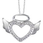 Distributed By Target Women's Sterling Silver Round-cut White Diamond Pave Set Angel Halo Wing Heart Pendant - White