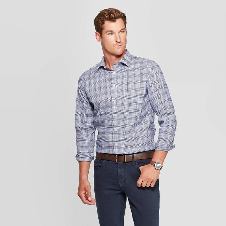 Men's Plaid Slim Fit Long Sleeve Dress Button-down Shirt - Goodfellow & Co Sky Blue S, Size: Small, Blue Blue