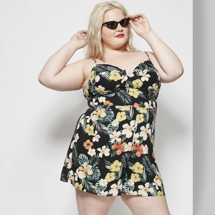 Women's Plus Size Floral Print Strappy Notched Neck Romper - Wild Fable Black