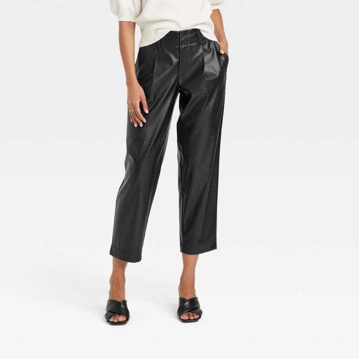 Women's High-rise Faux Leather Tapered Ankle Pants - A New Day Black