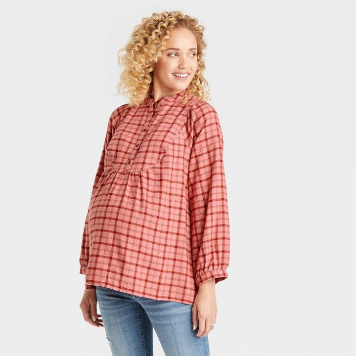 Long Sleeve Brushed Flannel Maternity Blouse - Isabel Maternity By Ingrid & Isabel Pink Plaid