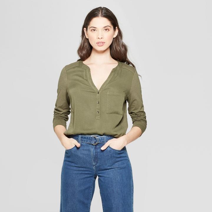 Women's Long Sleeve Blouse - Universal Thread Olive (green)