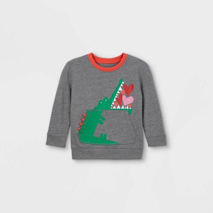 Toddler Boys' Valentine's Day Alligator Hearts Fleece Pullover Sweatshirt With Elbow Patches - Cat & Jack Gray