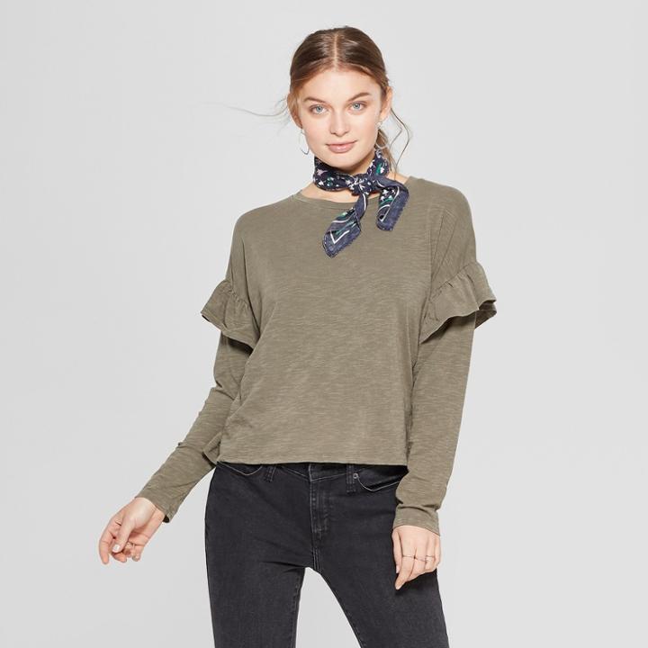 Women's Long Sleeve Ruffle T-shirt - Universal Thread Olive (green)