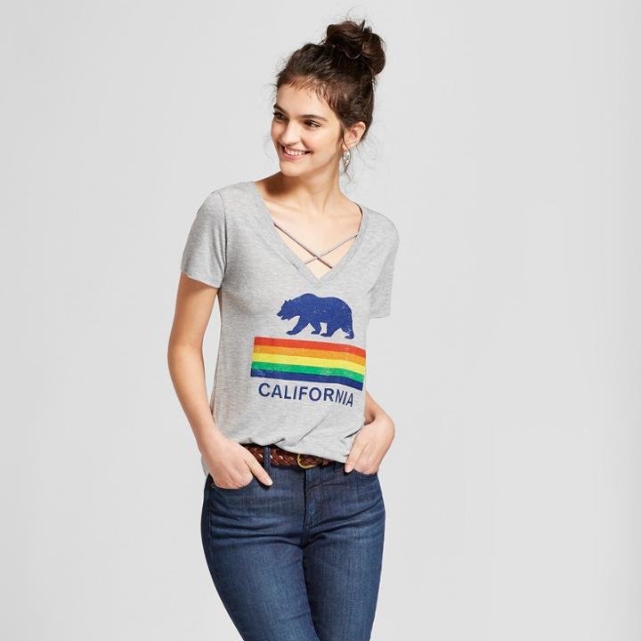 Women's California Rainbow Bear Short Sleeve Cross Front Drapey Graphic T-shirt - Awake Gray