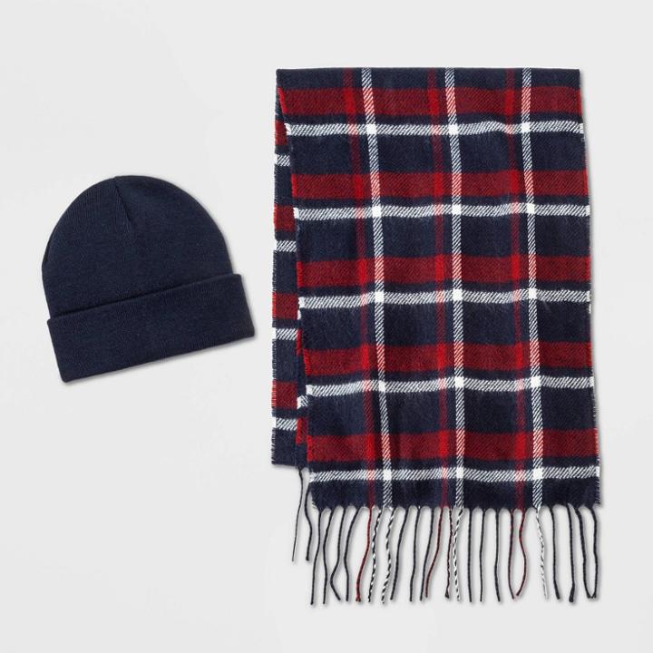 Men's Tricolor Scarf + Beanie Set - Goodfellow & Co Navy, Blue