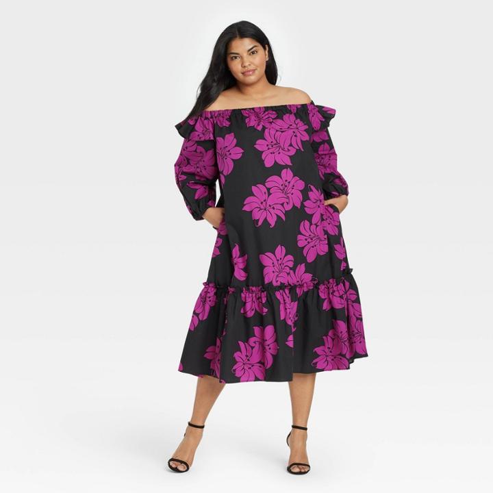 Women's Plus Size Floral Print Balloon Long Sleeve Dress - Who What Wear Purple