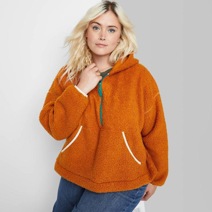 Women's Plus Size Half-zip Sherpa Pullover - Wild Fable Rust
