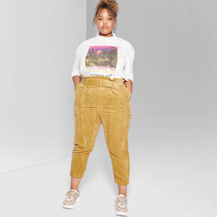 Women's Plus Size High-rise Belted Corduroy Paperbag Pants - Wild Fable Mustard 14w, Women's, Yellow