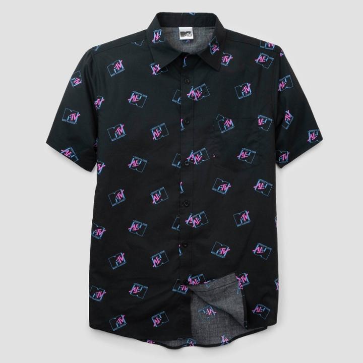Men's Mtv Short Sleeve Graphic Button-down Shirt - Vintage Black