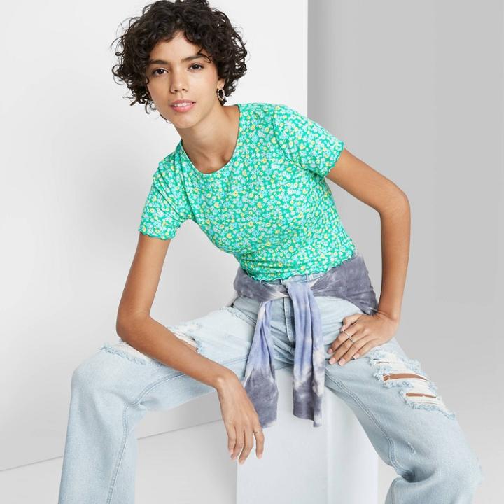 Women's Short Sleeve Lettuce Edge Baby T-shirt - Wild Fable Green