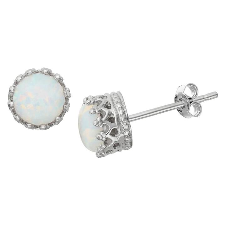 Tiara 6mm Round-cut Opal Crown Earrings In Sterling Silver, Girl's, Opal/silver