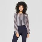 Women's Striped Long Sleeve Sheer Blouse - A New Day Navy