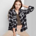 Women's Raglan Long Sleeve Button-down Hi-low Flannel Shirt - Wild Fable Black Plaid