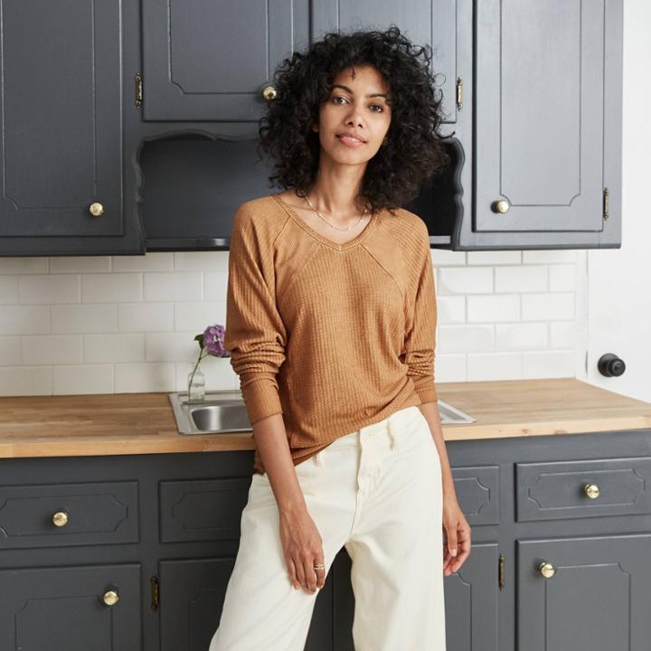 Women's Ribbed Long Sleeve Knit Top - Knox Rose Brown