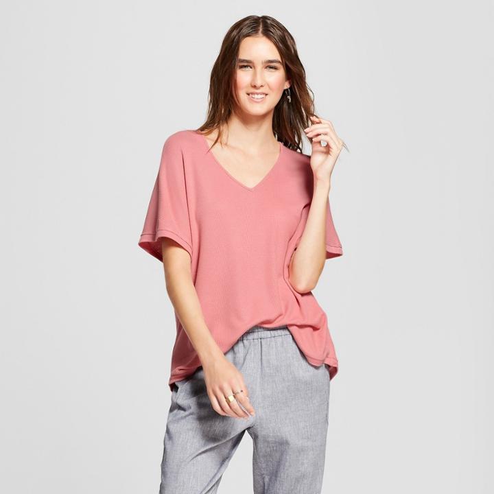 Women's Short Sleeve V-neck Thermal Top - Alison Andrews Pink