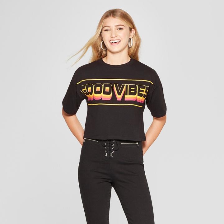 Women's Short Sleeve Good Vibes Cropped Graphic T-shirt - Freeze (juniors') Black