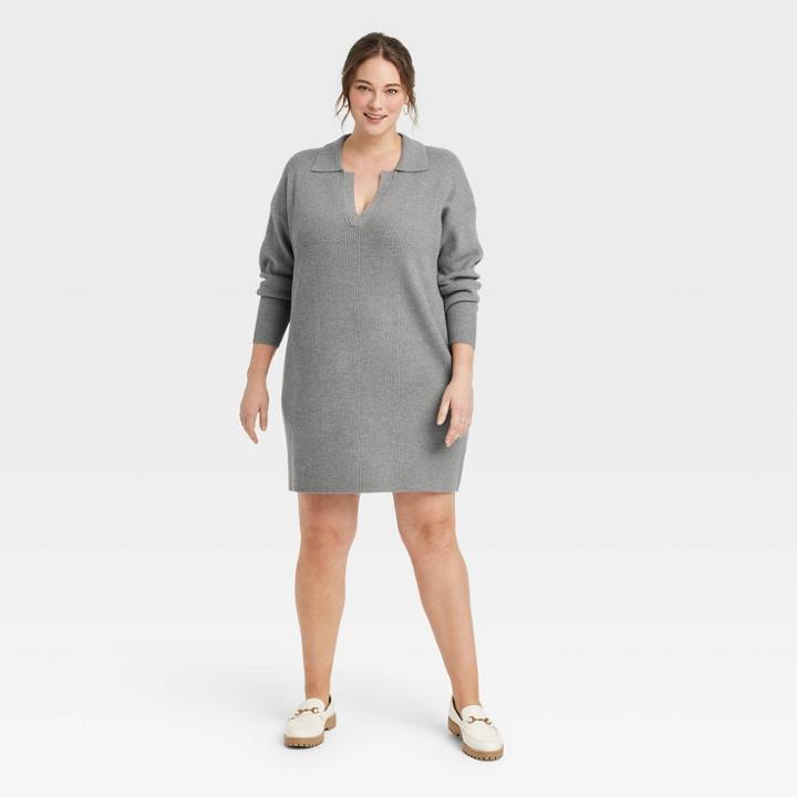 Women's Plus Size Long Sleeve Polo Sweater Dress - A New Day Gray