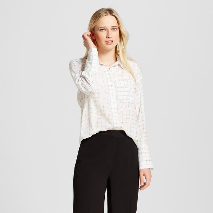 Women's Long Sleeve Silky Button-up Blouse - Who What Wear White Windowpane