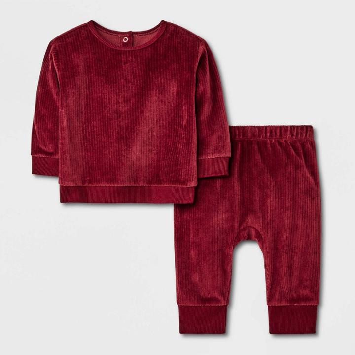 Baby 2pc Ribbed Velour Top & Bottom Set - Cat & Jack Maroon Newborn, Red