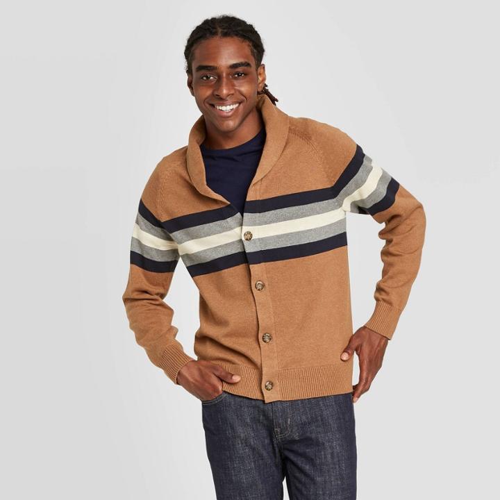 Men's Striped Regular Fit Button-down Shawl Sweater - Goodfellow & Co Brown