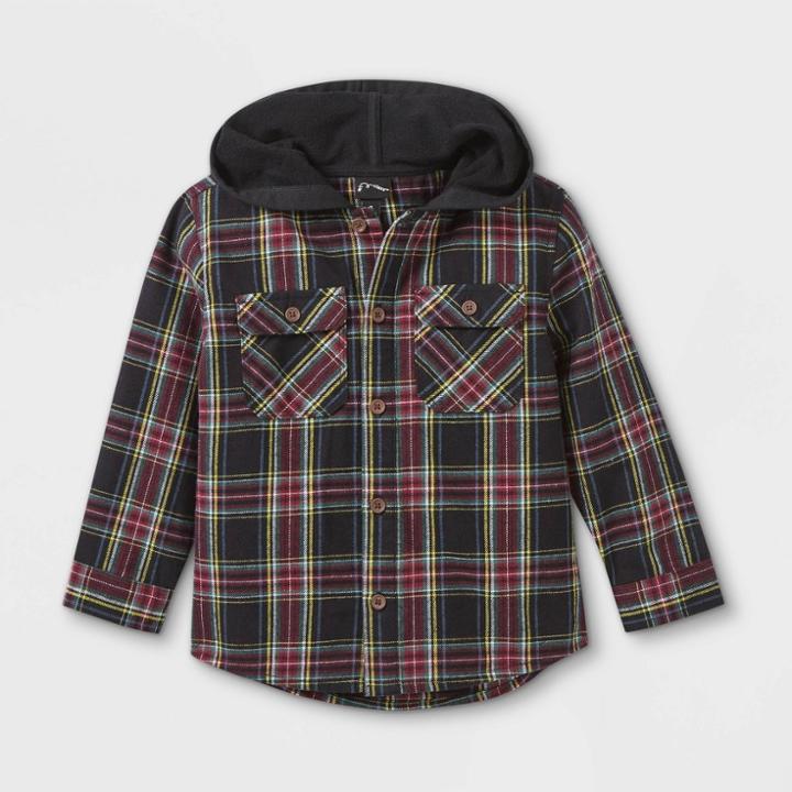 Toddler Boys' Hooded Plaid Long Sleeve Button-down Shirt - Art Class Black