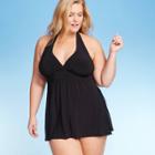 Women's Plus Size Halter Swim Dress - Aqua Green Black