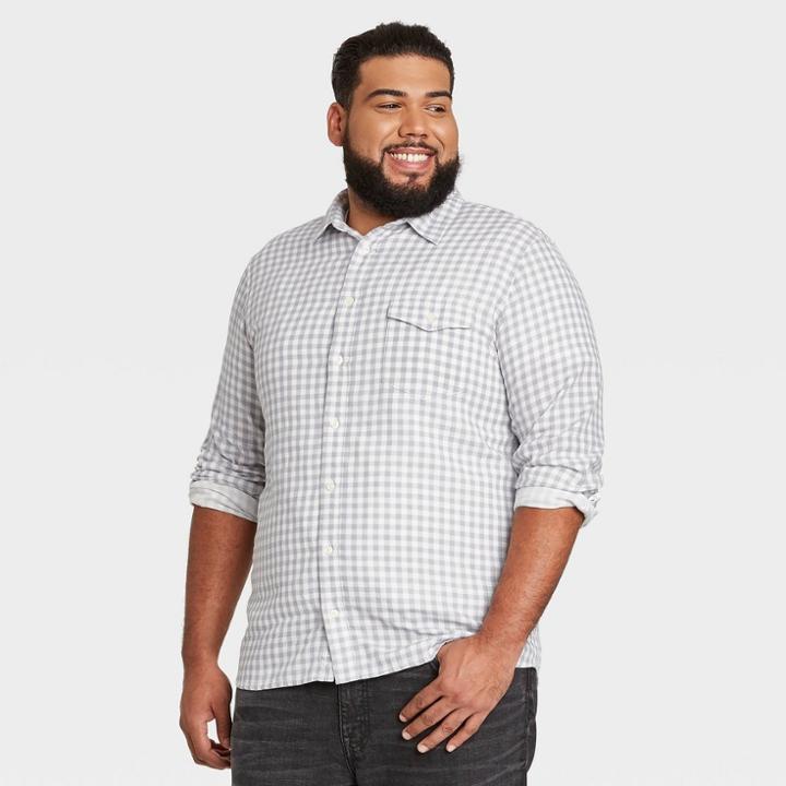 Men's Tall Checked Standard Fit Double Weave Long Sleeve Button-down Shirt - Goodfellow & Co Gray