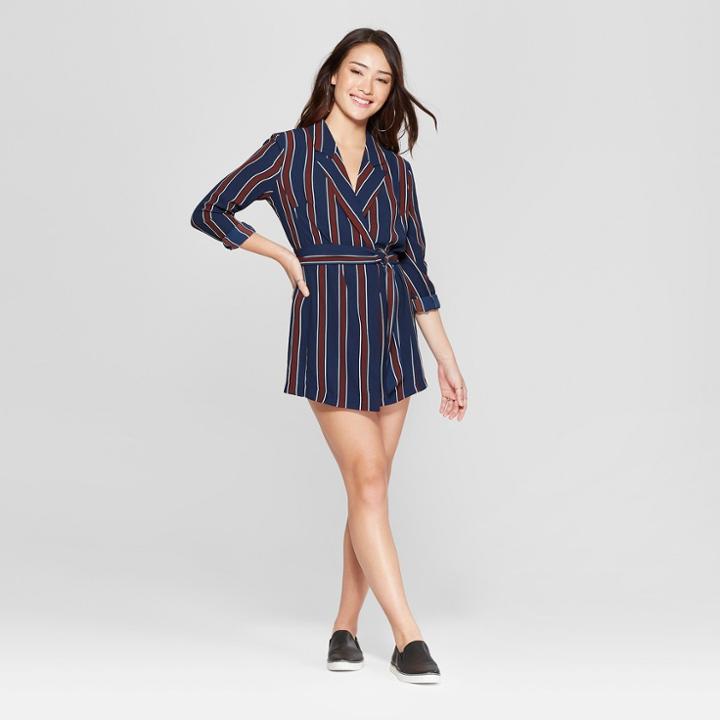 Women's Striped Long Sleeve Blazer Romper - 3hearts (juniors') Navy/red/white Xl, Blue Red White