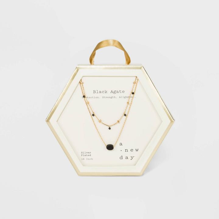 Gold Plated Black Agate Healing Stone Station Duo Necklace - A New Day Black, Women's,
