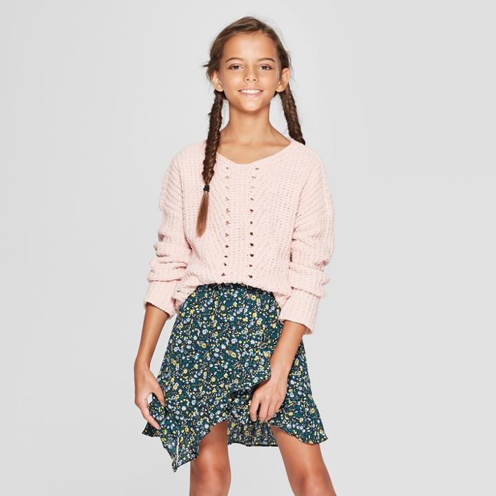 Girls' V-neck Chenille Sweater - Art Class Pink