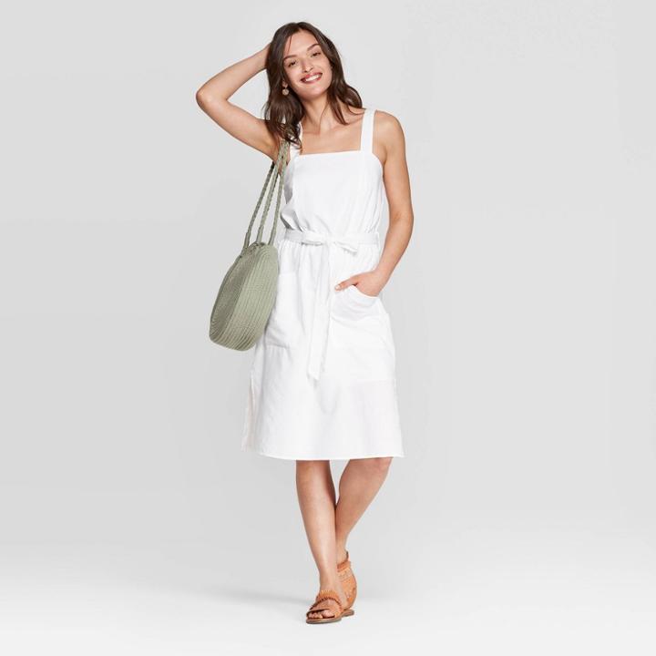 Women's Sleeveless Square Neck Knee Length Belted Dress With Pockets - Universal Thread White
