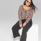 Women's Plus Size Floral Print Long Sleeve Button Front Peplum Blouse - Wild Fable Black