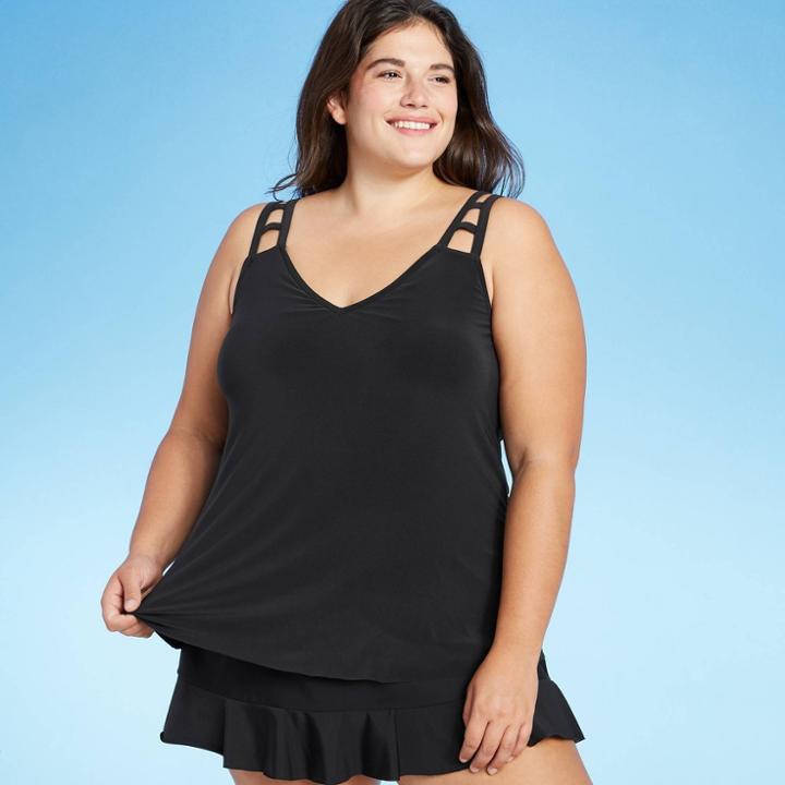 Women's Plus Size Cut Out Strap Tankini Top - Aqua Green Black