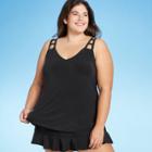 Women's Plus Size Cut Out Strap Tankini Top - Aqua Green Black