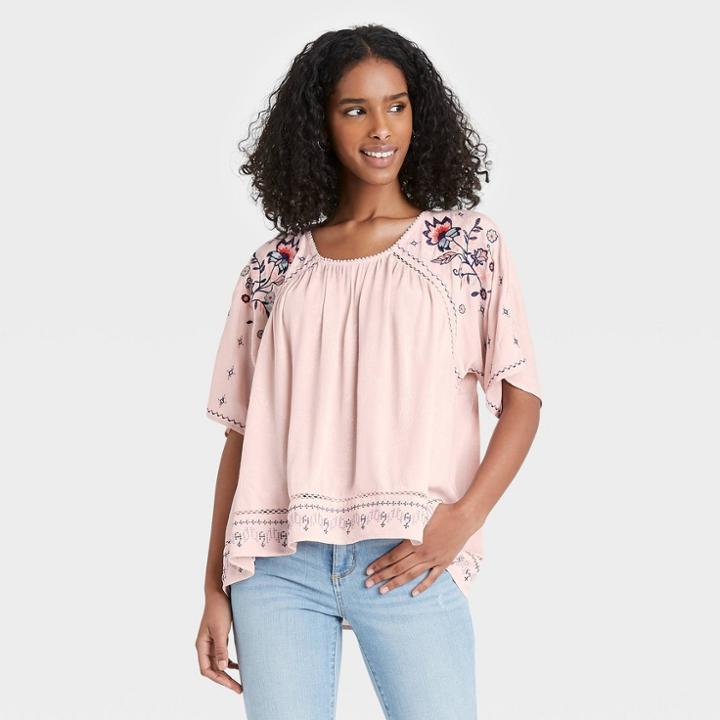 Women's Floral Print Scoop Neck Short Sleeve Top - Knox Rose Pink