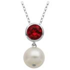 Prime Art & Jewel Genuine White Pearl And Created Ruby Pendant Necklace With 18 Chain, Girl's,