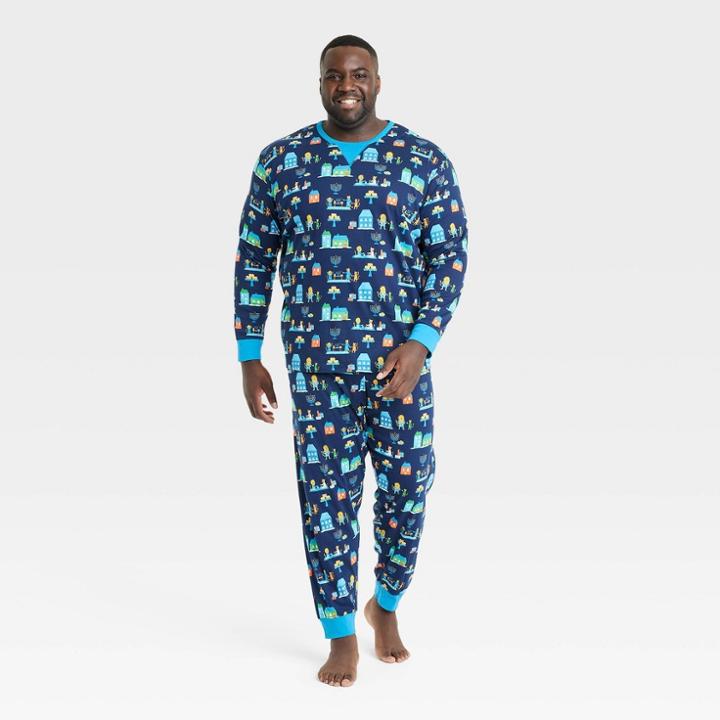 Ev Hanukkah Men's Big & Tall Hanukkah Lions Print Matching Family Pajama Set - Navy Blue