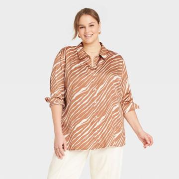 Women's Plus Size Long Sleeve Oversized Satin Button-down Shirt - A New Day Brown Zebra