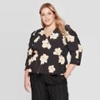Women's Plus Size Floral Print Puff 3/4 Sleeve V-neck Ruched Peplum Blouse - Who What Wear Black 1x, Women's,